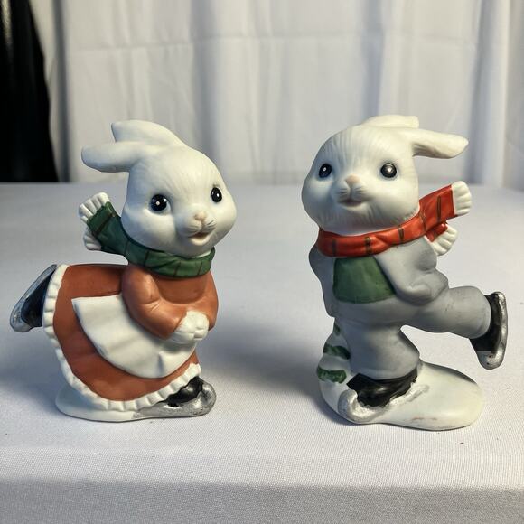VTG Ceramic Ice Skating Bunny Rabbits Couple Figurines 4” Collectible Homco 5305 - Picture 2 of 7